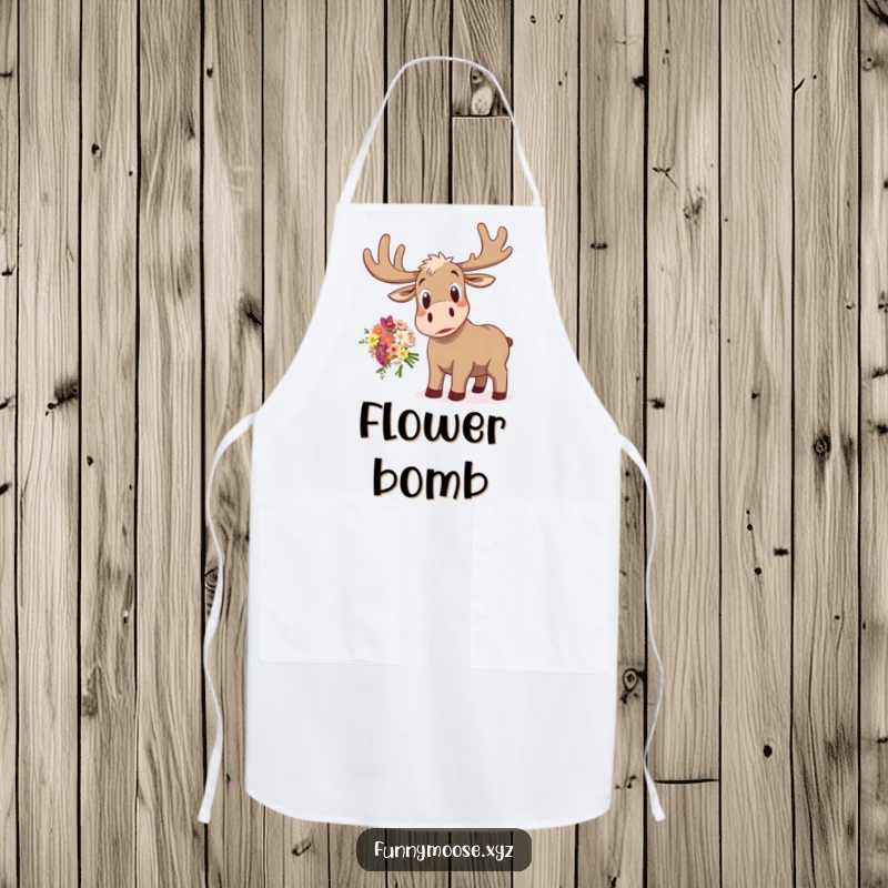 Funny apron art of a startled moose with wide eyes, comically dropping a bouquet of flowers, ready for kitchen tasks.