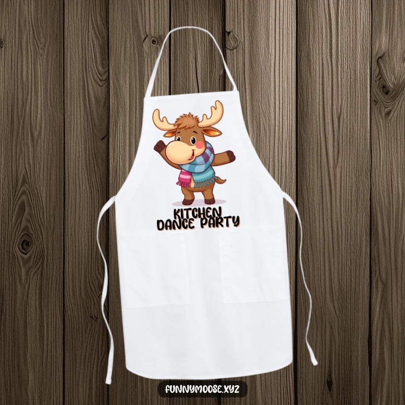 Funny apron with a happy moose in a colorful scarf, doing a funny, clumsy dance move, ready for kitchen duty.