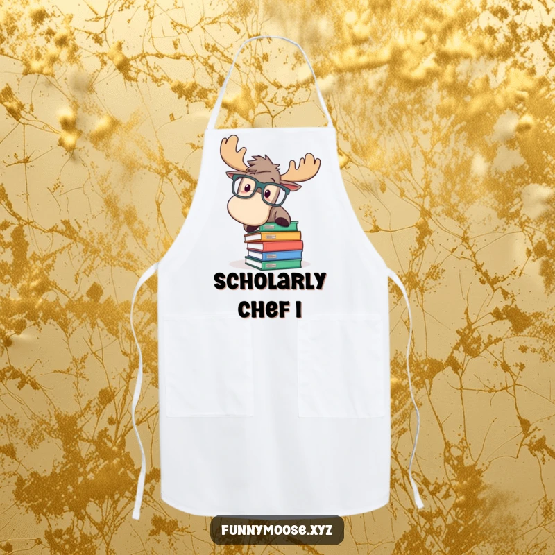 Funny apron featuring a playful moose in oversized glasses, comically tripping over a stack of books, ideal for adding humor to academic or kitchen tasks.