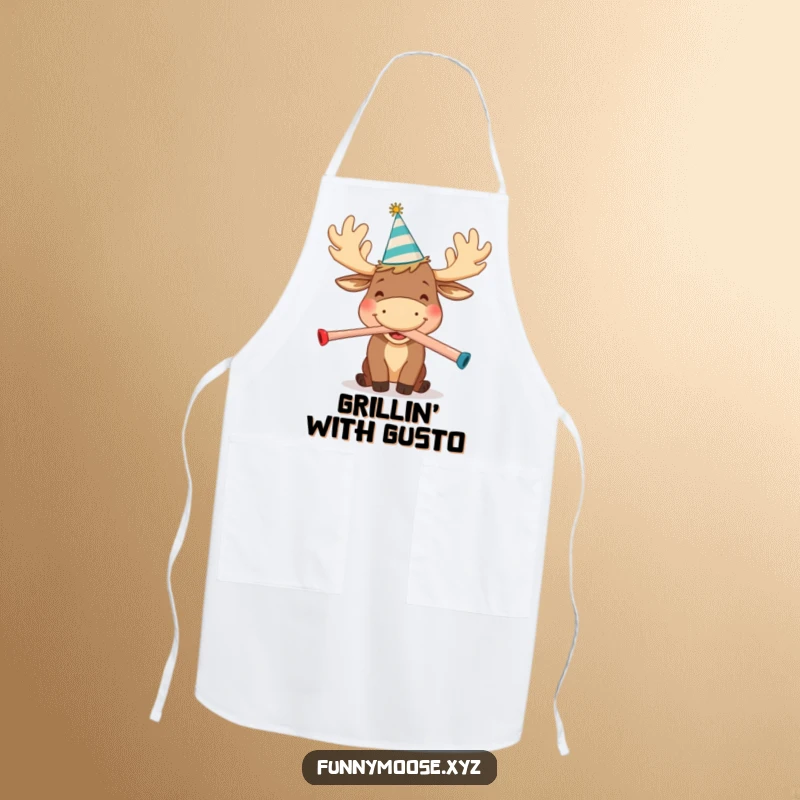 Funny apron featuring a happy cartoon moose wearing a party hat, joyfully blowing a kazoo, ideal for adding festive fun to cooking.