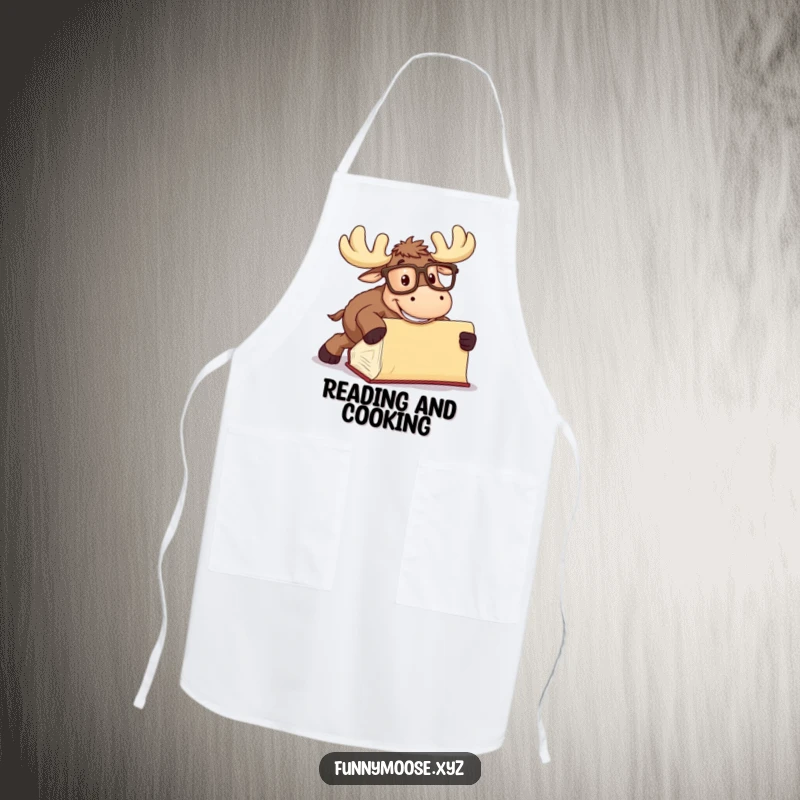 Funny Moose Apron with oversized glasses tripping over a book, humorous kitchen wear for cooks.