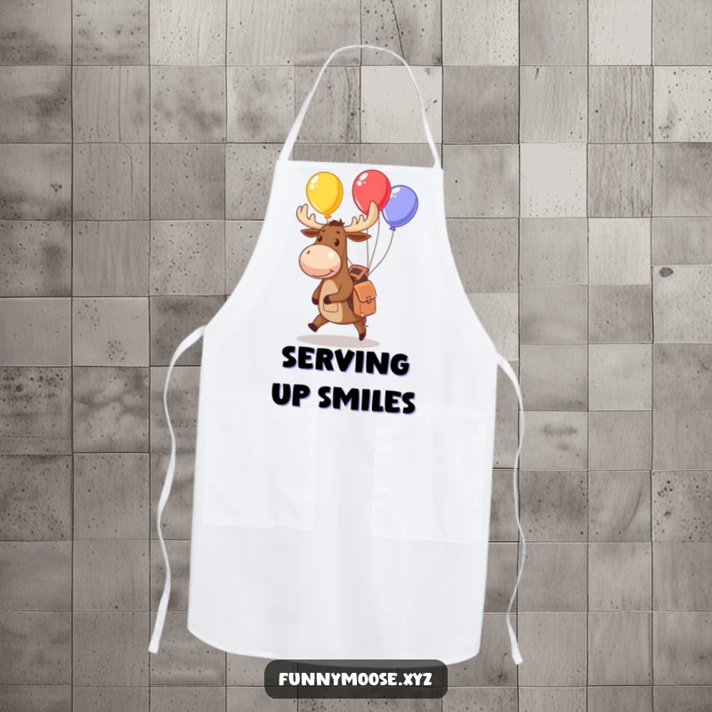 Funny moose apron with a small backpack juggling colorful balloons, great for playful and humorous kitchen activities.