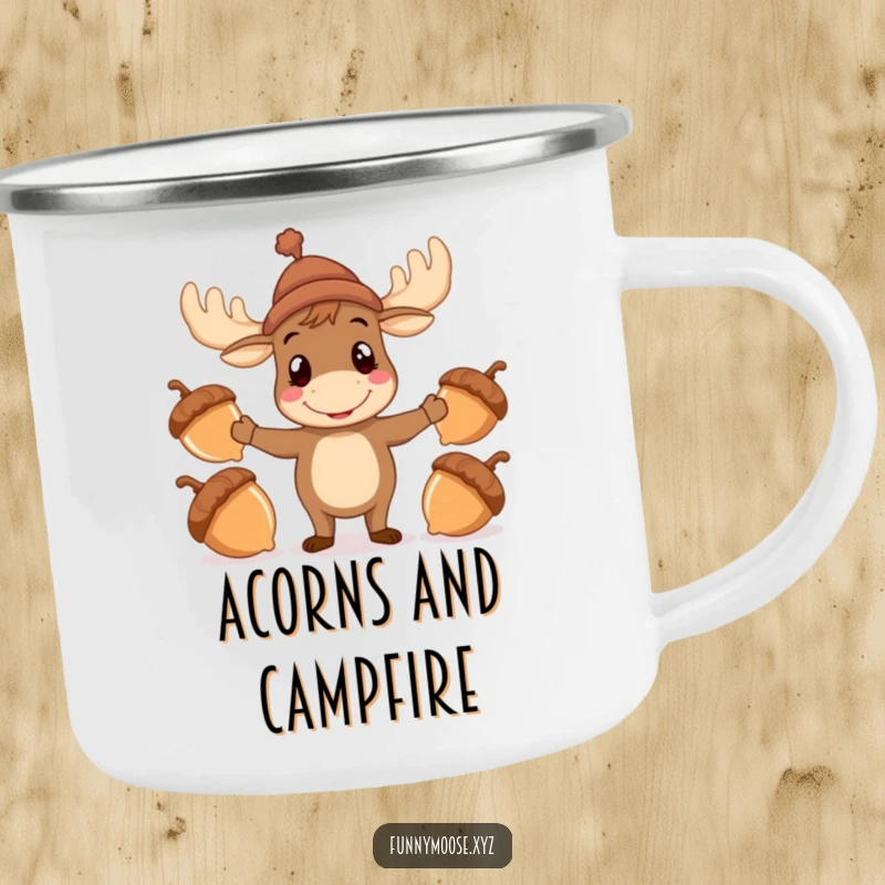 Funny Moose Camping Mug with a hat attempting to juggle acorns, durable and humorous for outdoor use.