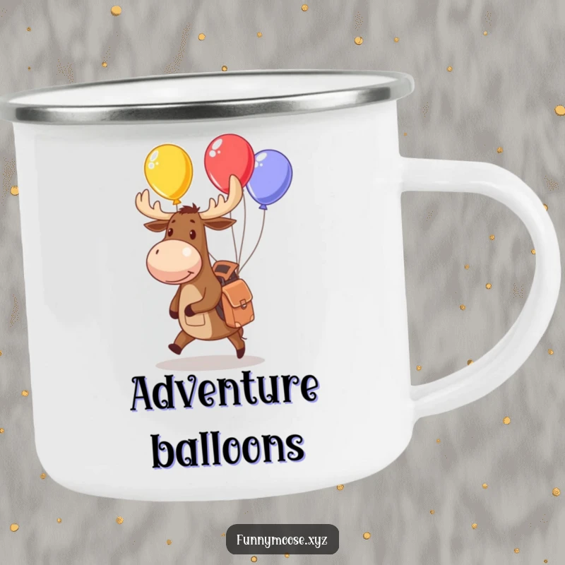 Funny moose camping mug with a small backpack juggling colorful balloons, perfect for rugged yet playful outdoor enthusiasts.