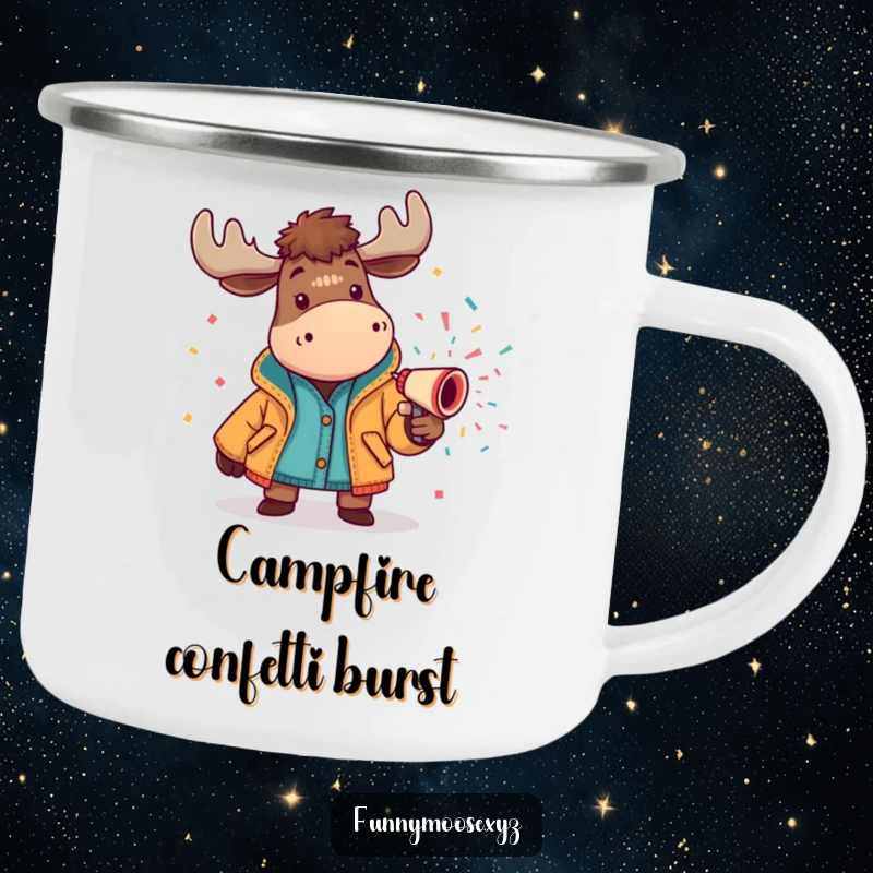 Funny moose camping mug in a bright jacket spraying a confetti cannon, perfect for rugged yet festive outdoor enthusiasts.