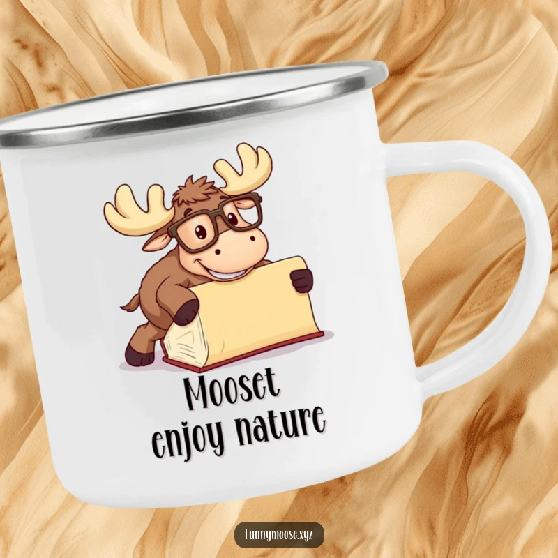 Funny Moose Camping Mug with oversized glasses tripping over a book, durable and humorous for outdoor use.