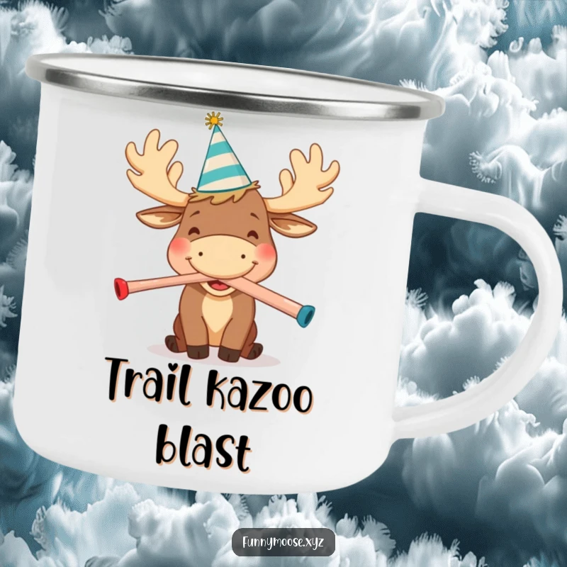 Funny camping mug featuring a happy cartoon moose in a party hat, joyfully blowing a kazoo, perfect for enjoying drinks outdoors festively.