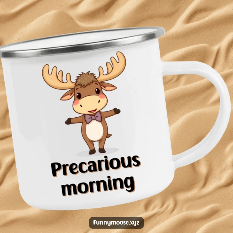 Funny camping mug featuring a giggling moose with large antlers and a bowtie, balancing, built for rugged and humorous adventures.