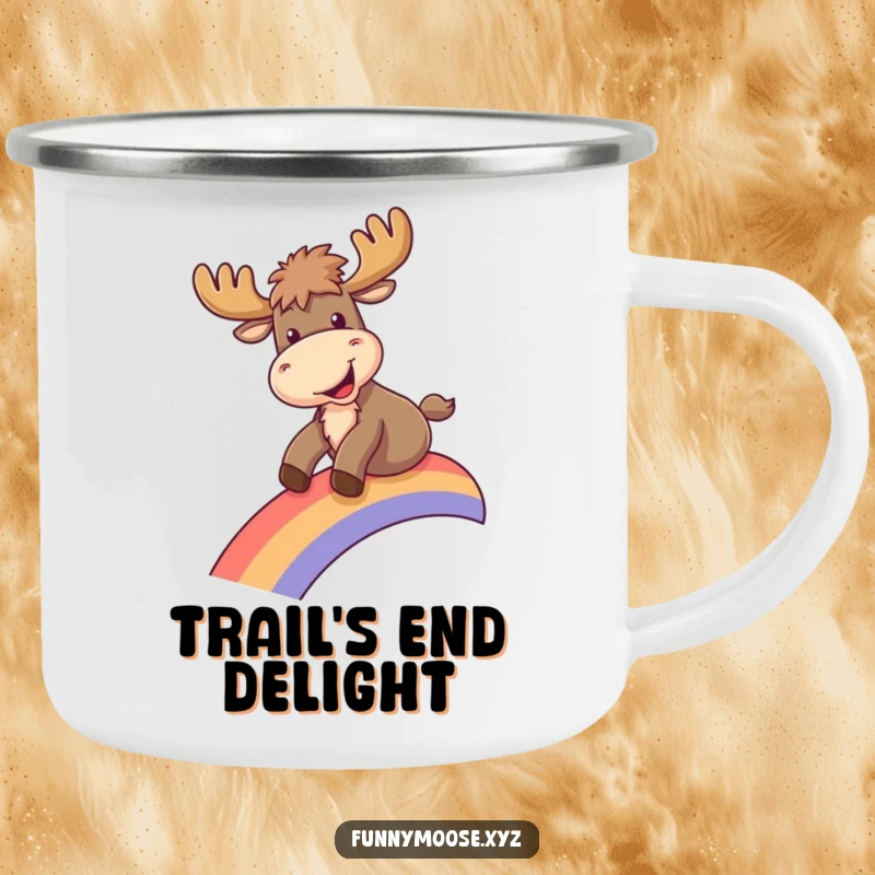 Funny camping mug featuring a moose joyfully sliding down a rainbow, durable and fun for outdoor adventures.
