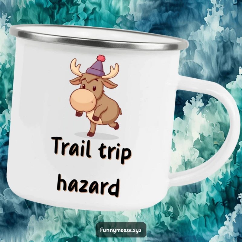 Funny enamel camping mug of a silly moose in a tiny hat, comically tripping over its feet.