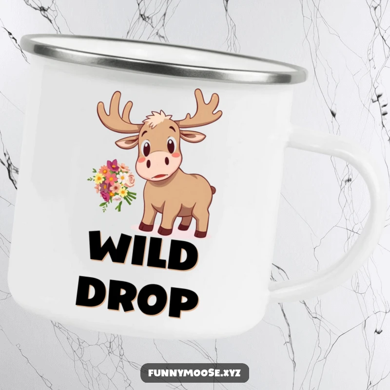 Funny camping mug featuring a startled moose with wide eyes, comically dropping a bouquet of flowers, ready for outdoor adventures.