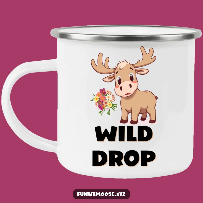 Funny Moose Camping Mug: Startled Surprise, Dropped Flowers, Outdoor Laugh!