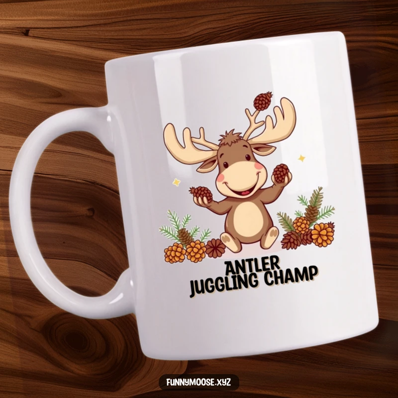Funny mug showing a goofy moose with huge antlers gleefully tossing pinecones in the air.