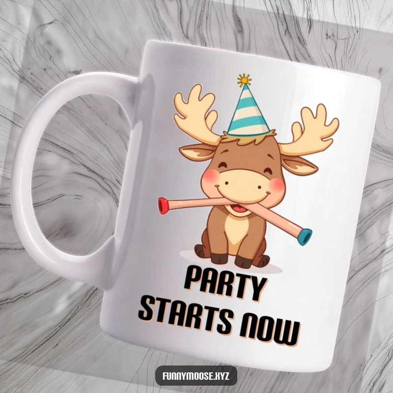 Funny mug featuring a happy cartoon moose in a party hat, joyfully blowing a kazoo, embodying pure celebration and fun.