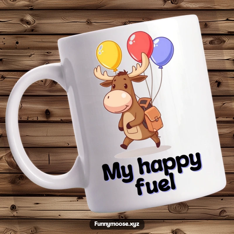 Funny moose mug with a small backpack juggling colorful balloons, symbolizing playful adventure and happy times.