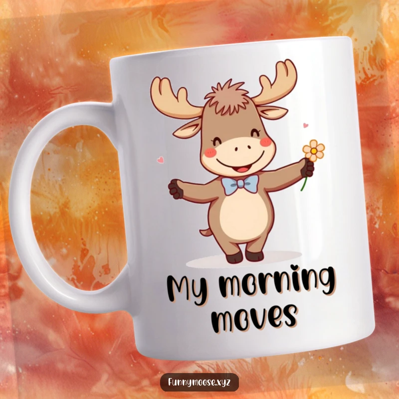 Funny mug with a giggling moose wearing a tiny bowtie, enthusiastically dancing with a flower, spreading pure delight.