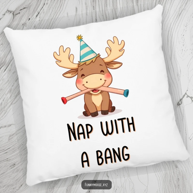 Funny pillow showcasing a happy cartoon moose in a party hat, joyfully blowing a kazoo, providing cozy, festive comfort.