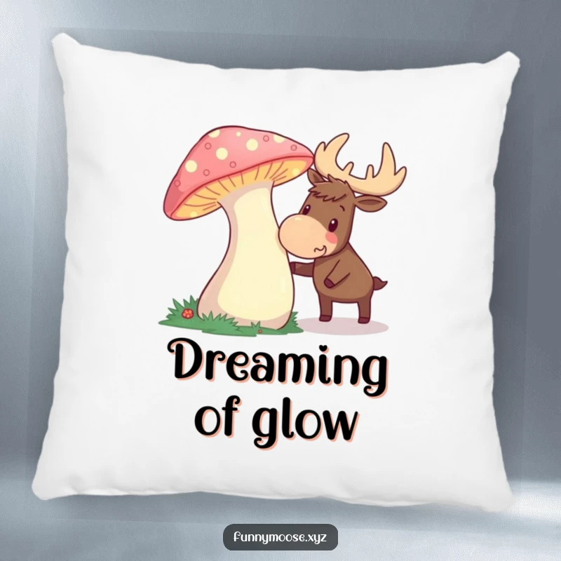 Funny pillow featuring a curious moose nudging a glowing mushroom, perfect for cozy, magical, and humorous decor.