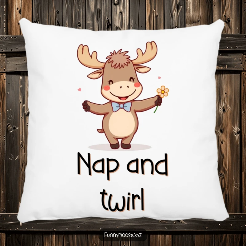 Funny pillow displaying a giggling moose wearing a tiny bowtie, enthusiastically dancing with a flower, soft and amusing.