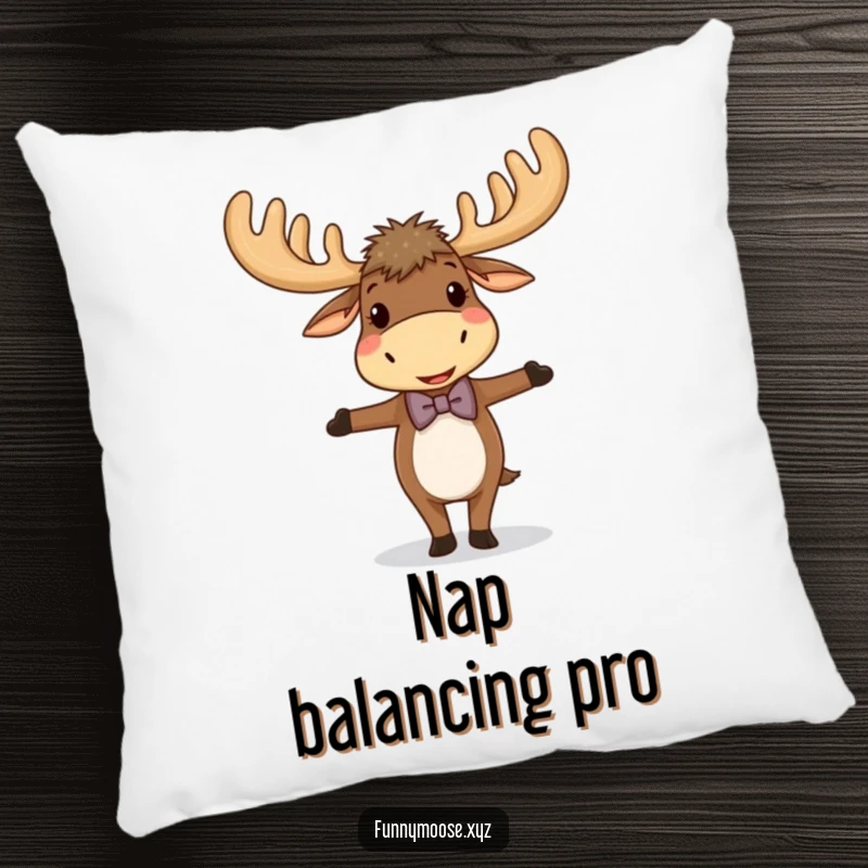 Funny pillow featuring a giggling moose with large antlers and a bowtie, balancing comically, perfect for cozy, humorous decor.
