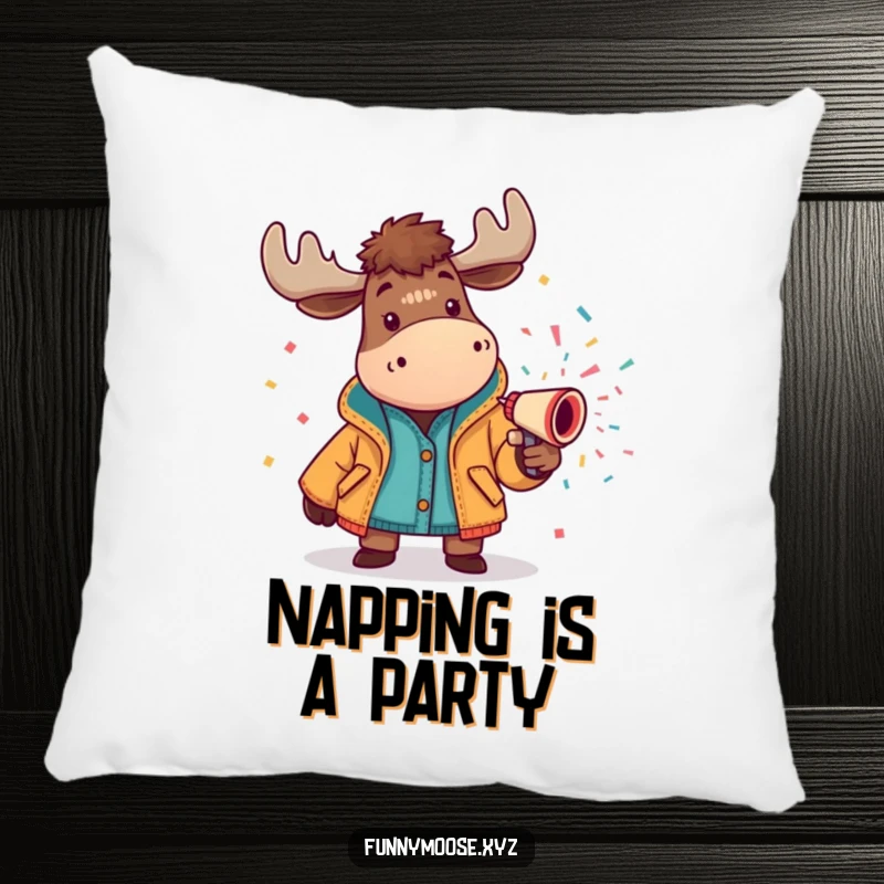 Funny moose pillow in a bright jacket spraying a confetti cannon, perfect for cozy and festive home accents.