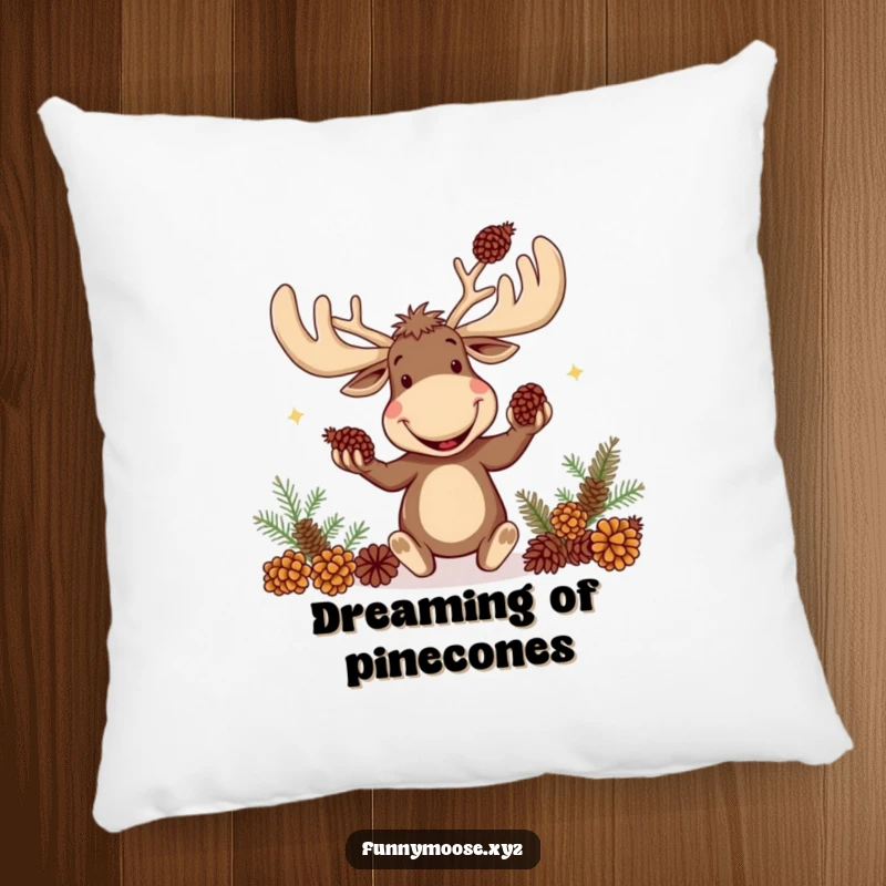 Funny pillow with a smiling moose character, its huge antlers in action juggling pinecones.