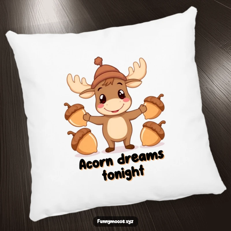 Funny Moose Pillow with a hat attempting to juggle acorns, soft and humorous decor for woodland enthusiasts.
