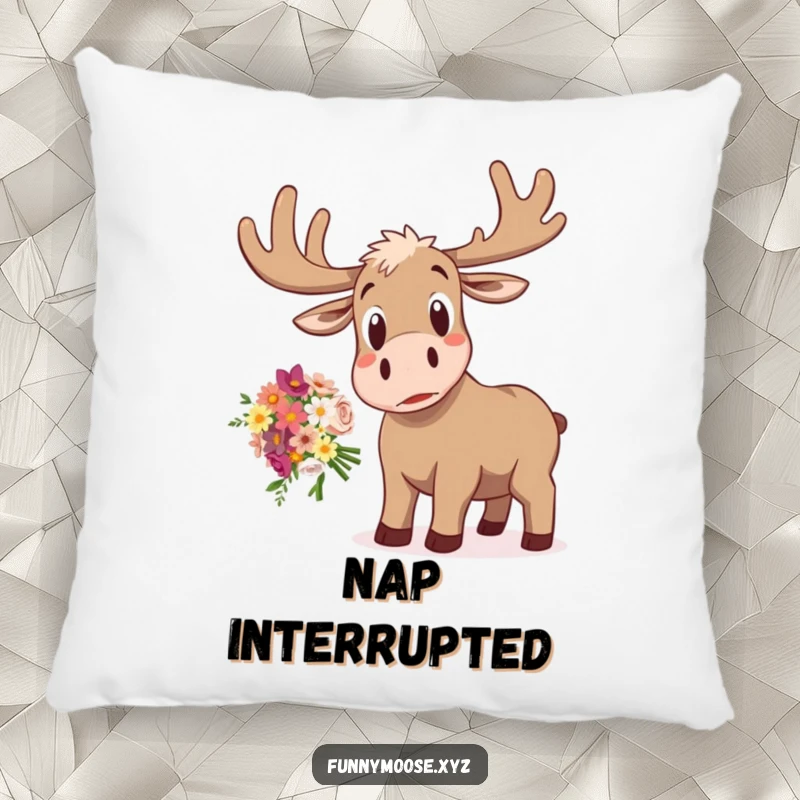 Funny decorative pillow featuring a startled moose with a surprised expression, comically dropping a bouquet of flowers, perfect for sofas.