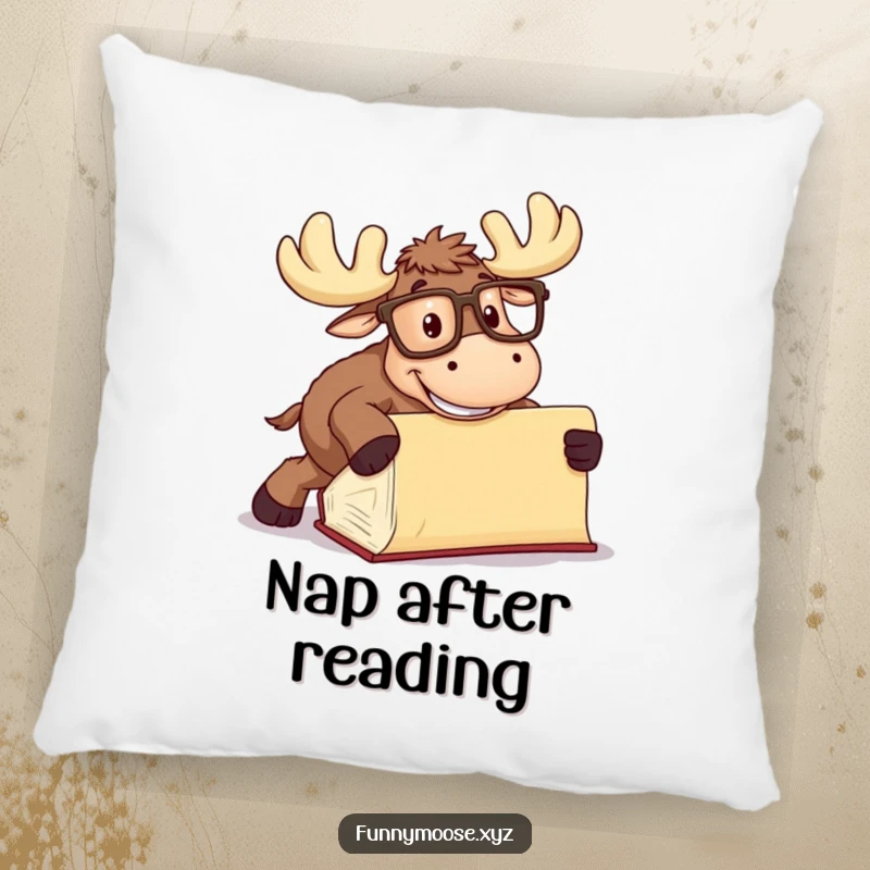 Funny Moose Pillow with oversized glasses tripping over a book, soft and humorous decor for book lovers.