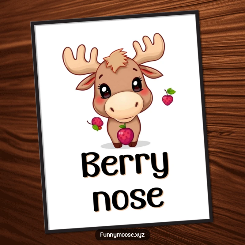 Funny digital art print of a playful moose with bright eyes, concentrating on balancing a berry on its nose.