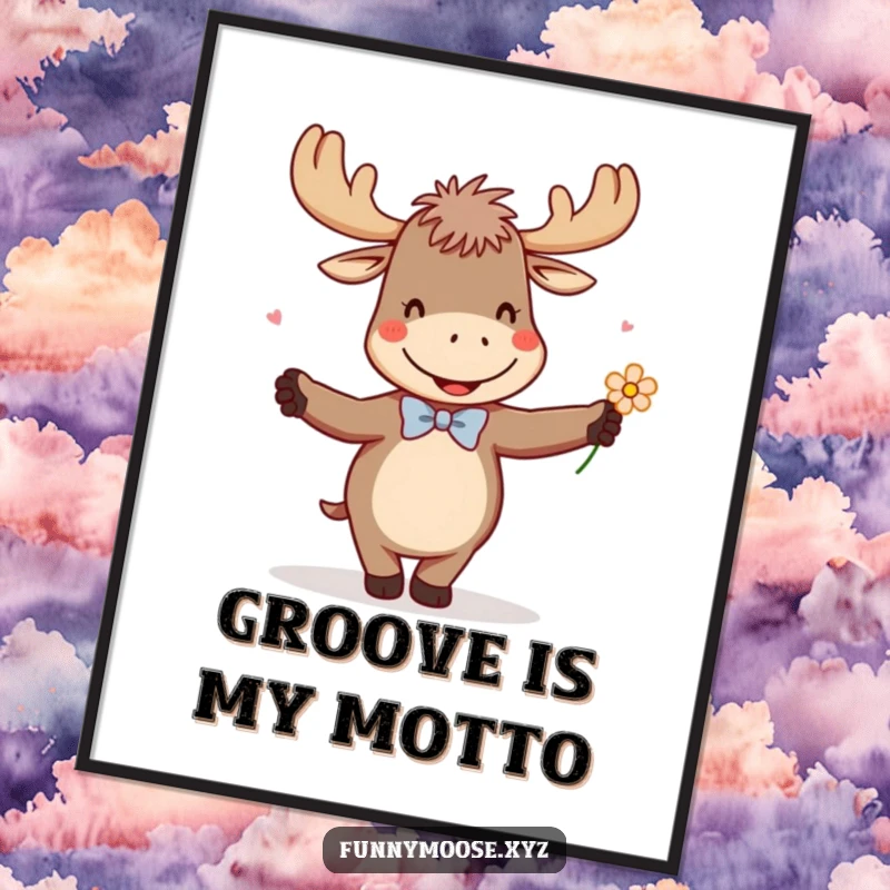Funny digital art print of a giggling moose in a tiny bowtie, enthusiastically dancing with a flower, capturing pure celebration.