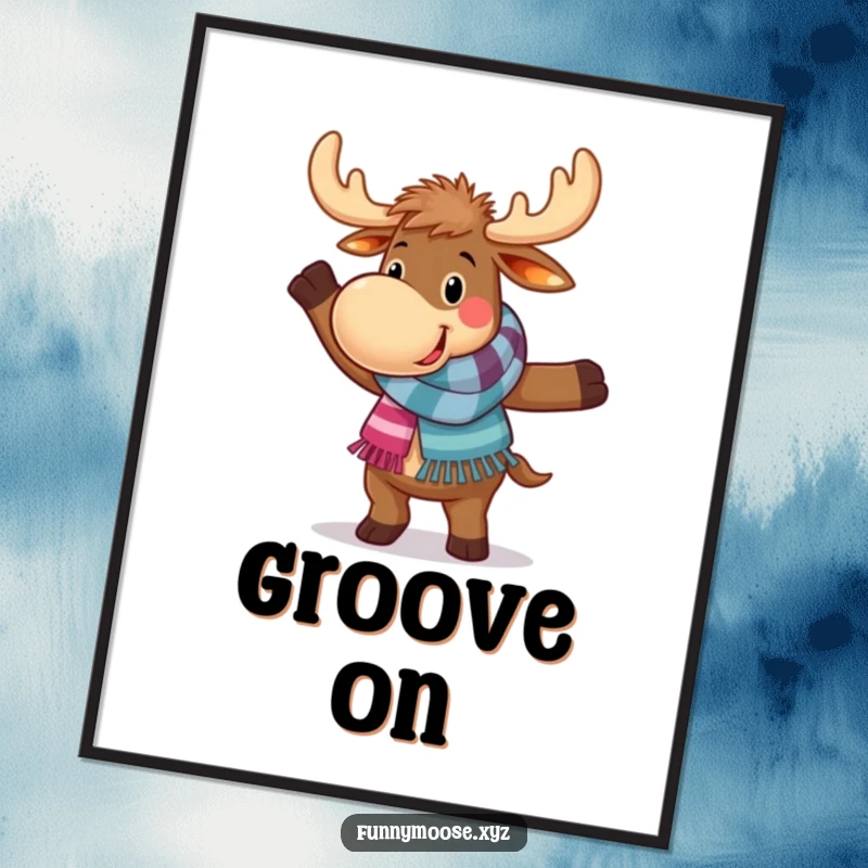 Funny digital art print of a happy moose in a colorful scarf, performing a funny, clumsy dance move, ideal for home decor.
