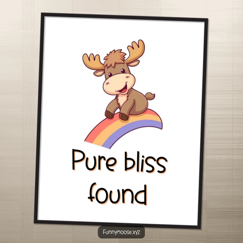 Funny digital art print of a moose joyfully sliding down a rainbow, perfect for instant cheerful and humorous wall decor.
