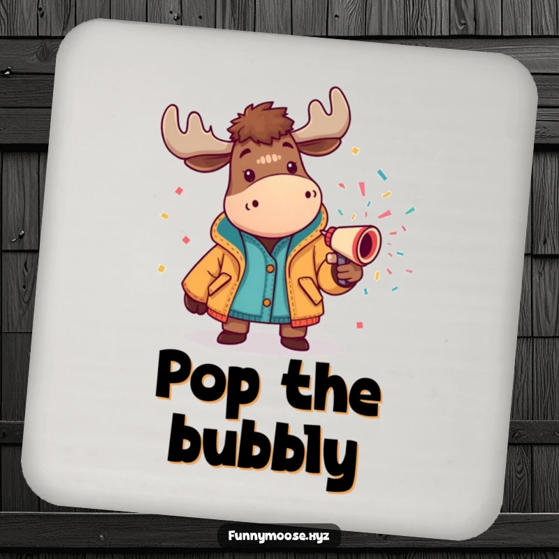 Funny moose coaster in a bright jacket spraying a confetti cannon, excellent for adding festive charm to tabletops.