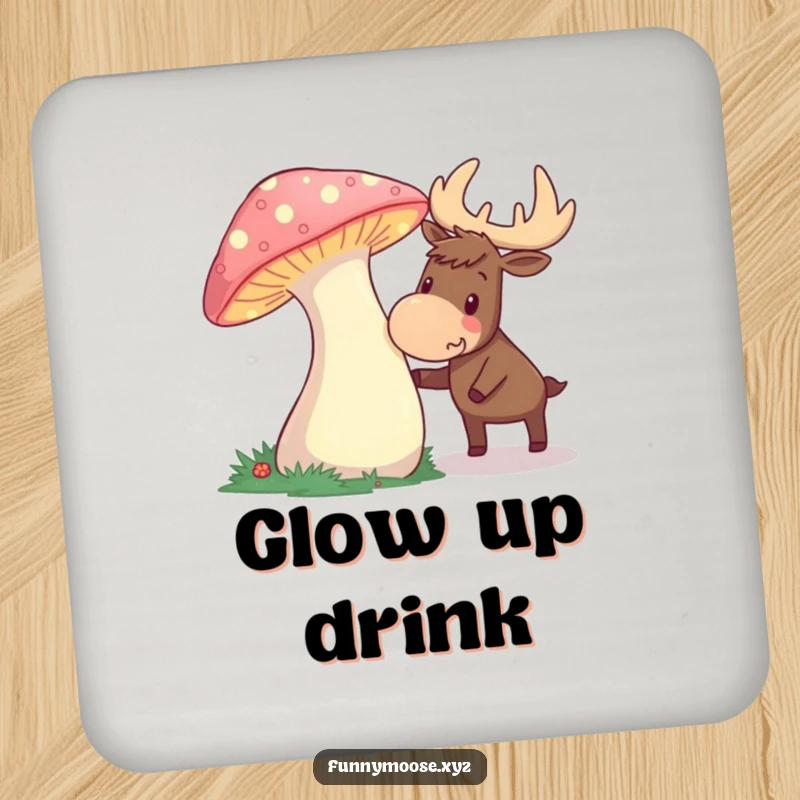 Funny drink coaster featuring a curious moose nudging a glowing mushroom, adding magical humor to tables.