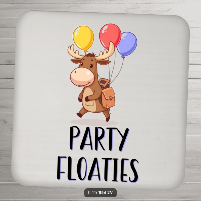Funny moose coaster with a small backpack juggling colorful balloons, excellent for adding playful charm to tabletops.