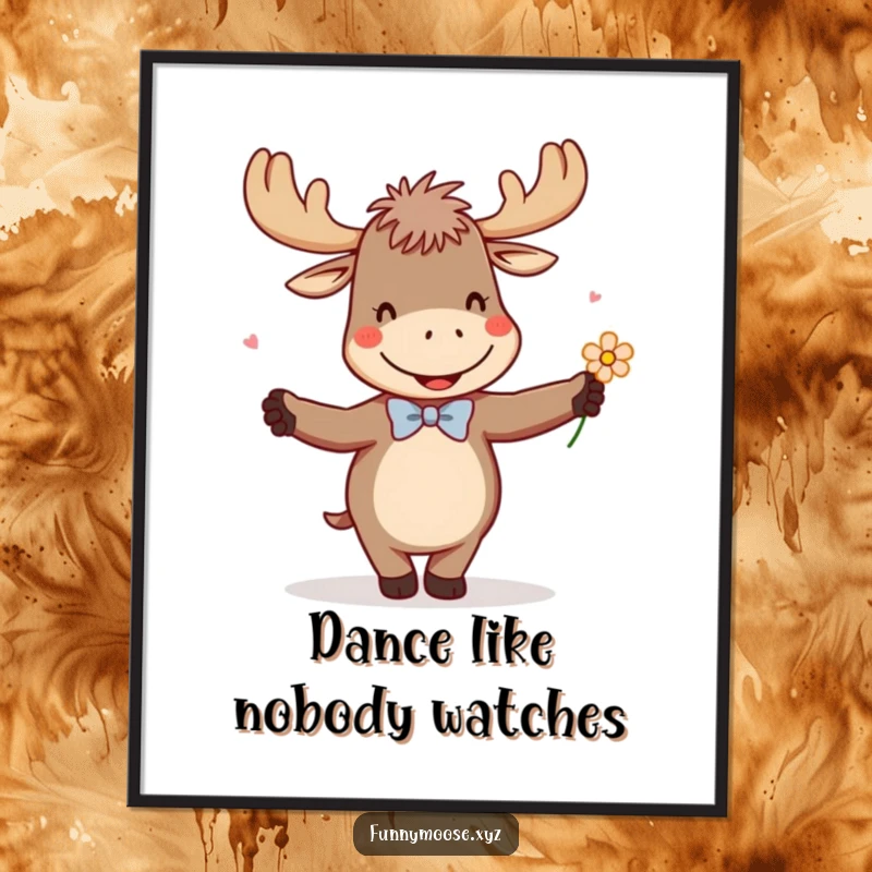 Funny poster showcasing a giggling moose in a tiny bowtie, enthusiastically dancing with a flower, creating a joyous visual.