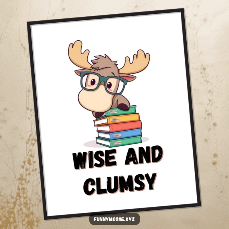 Funny poster depicting a playful moose in oversized glasses, comically tripping over a stack of books, adding humorous wall decor.