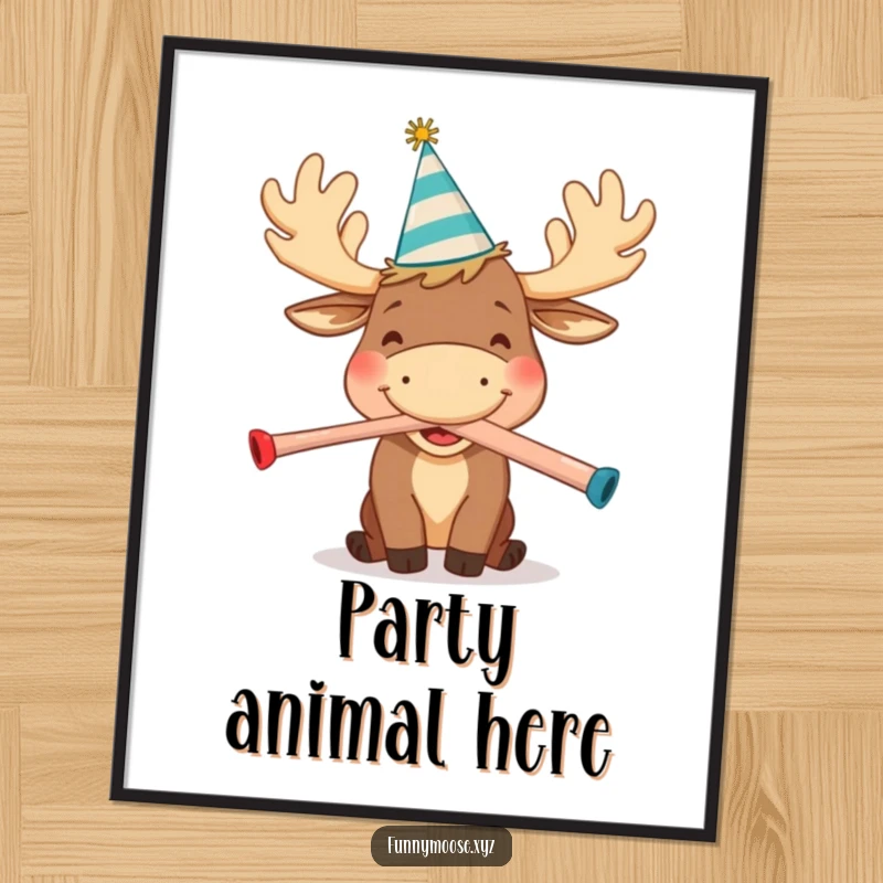 Funny poster depicting a happy cartoon moose in a party hat, joyfully blowing a kazoo, adding festive and cheerful wall decor.