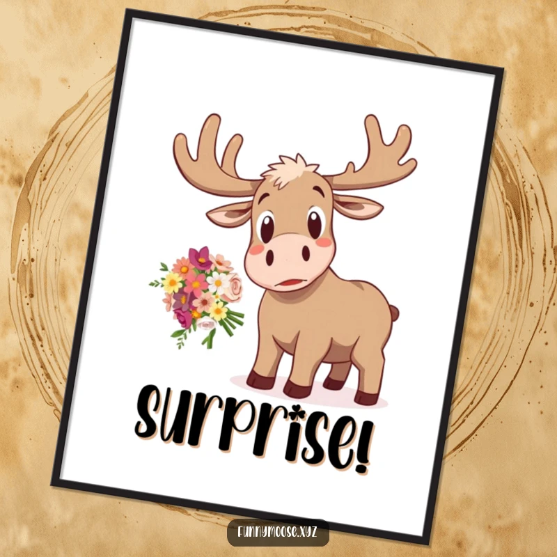 Funny poster art of a startled moose with wide eyes, comically dropping a colorful bouquet of flowers, ideal for wall decor.