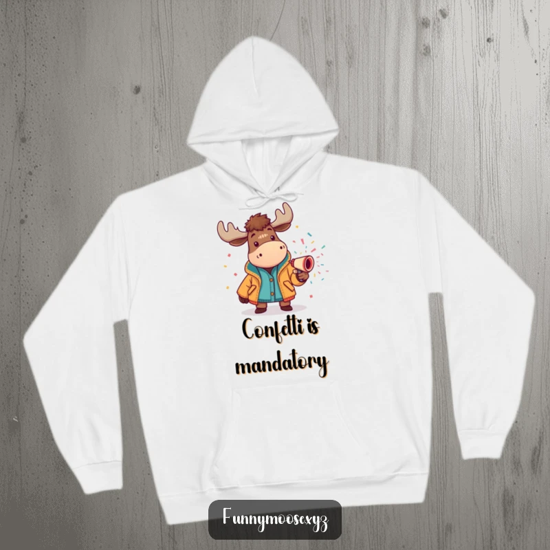 Funny moose hoodie in a bright jacket spraying a confetti cannon, perfect for cozy and festive gift recipients.