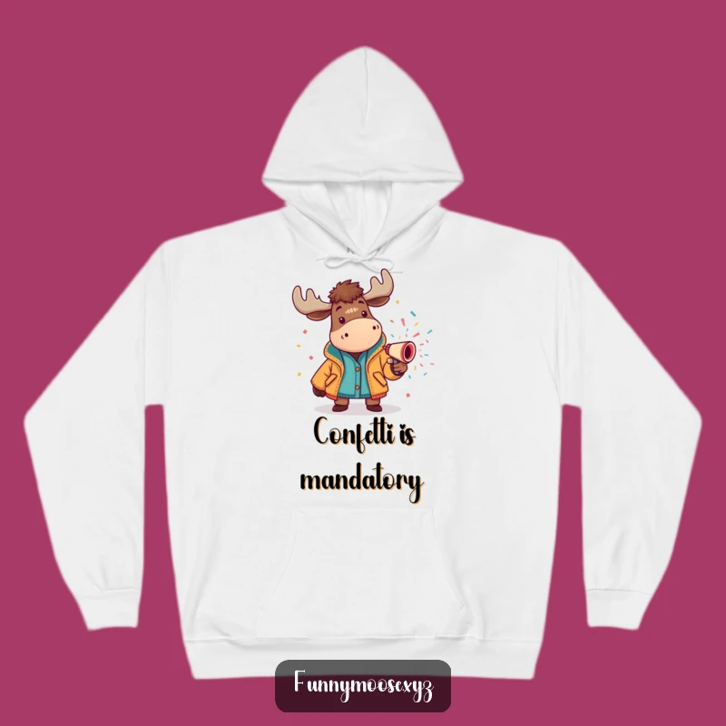 Cozy Funny Moose Confetti Cannon Hoodie: Warmth Meets Festive Celebration