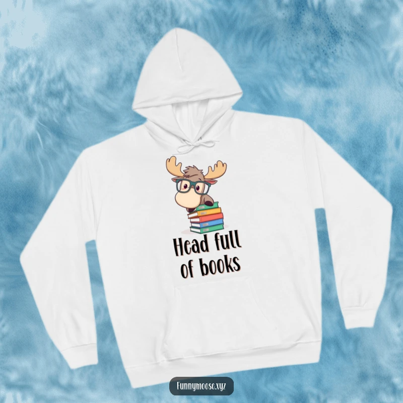 Funny hoodie featuring a playful moose in oversized glasses, comically tripping over a stack of books, perfect for cozy, relatable moments.