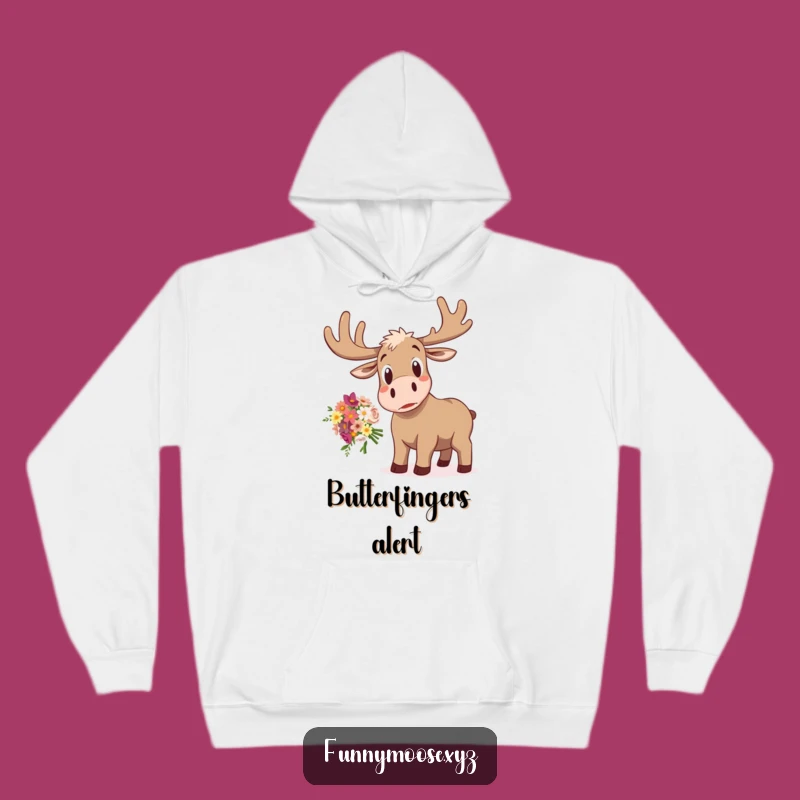 Funny Cozy Moose Hoodie: Dropped Flowers, Startled Expression, Warm Laugh!