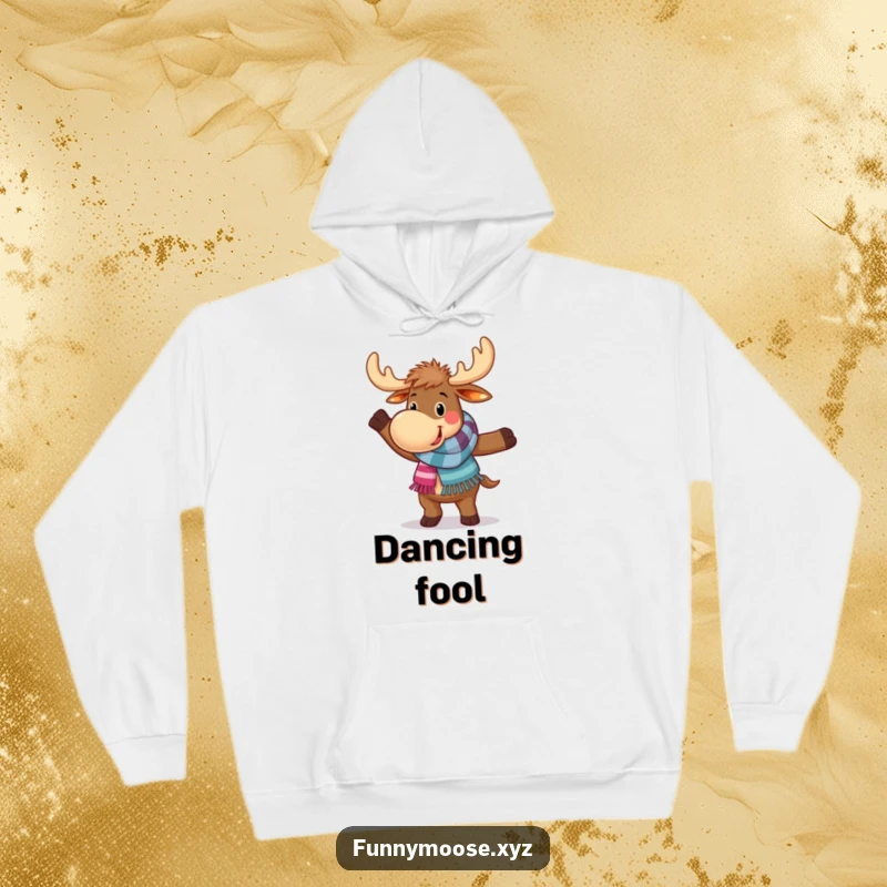 Funny cozy hoodie featuring a happy moose in a colorful scarf, executing a funny, clumsy dance move with infectious enthusiasm.