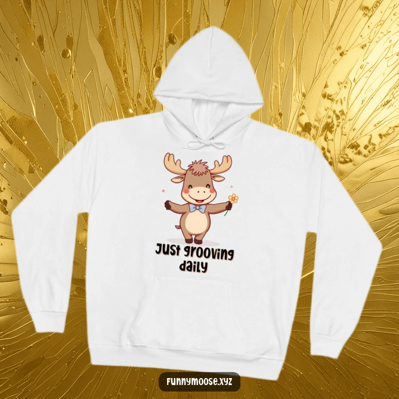 Funny hoodie featuring a giggling moose in a small bowtie, enthusiastically dancing with a flower, radiating happiness and charm.