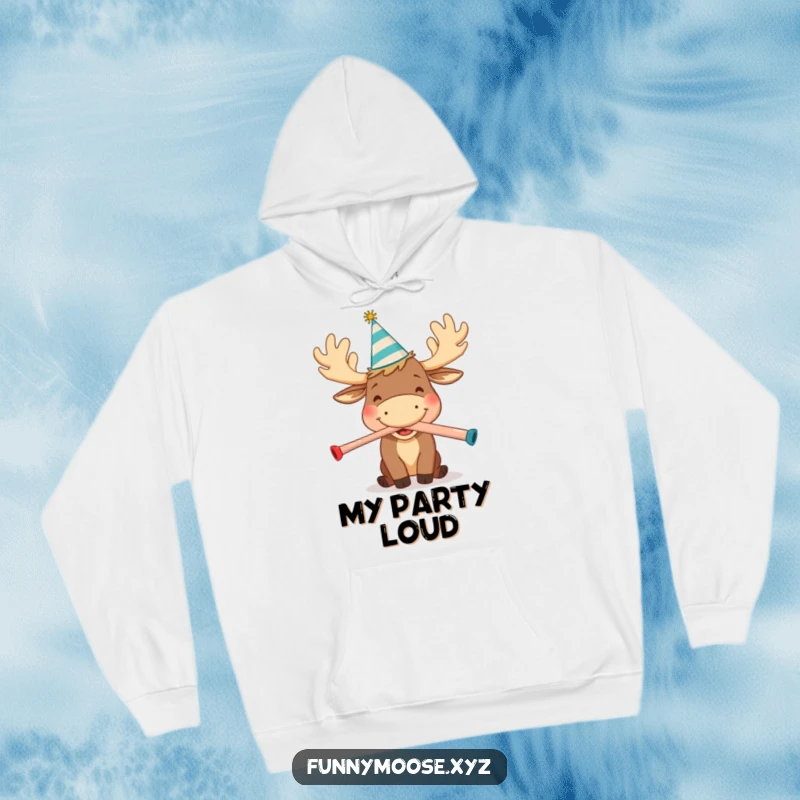 Funny hoodie featuring a happy cartoon moose in a party hat, joyfully blowing a kazoo, perfect for cozy, festive moments.