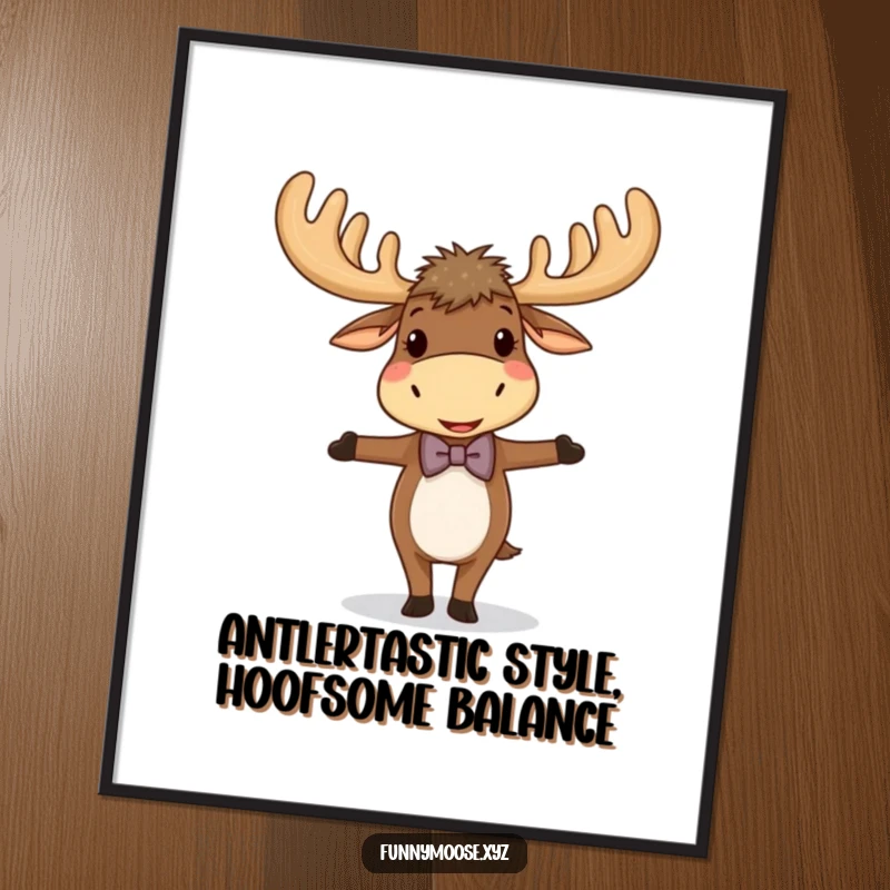 Funny free printable wall art: A moose in a tiny bowtie balances on one hoof, exuding charm.
