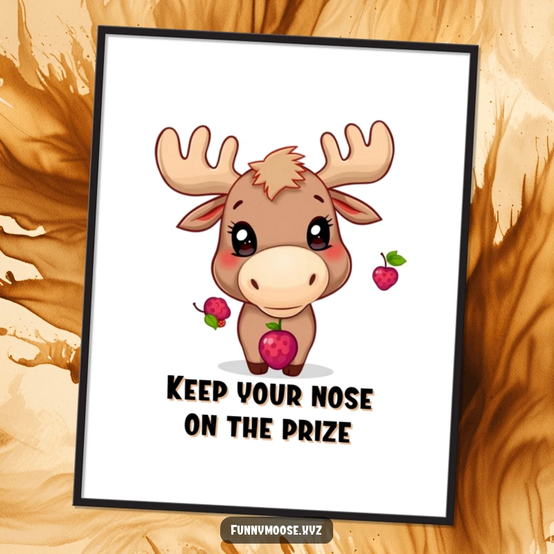 Funny Free Printable Wall Art: A playful moose with bright, curious eyes, trying to balance a single berry on its nose.