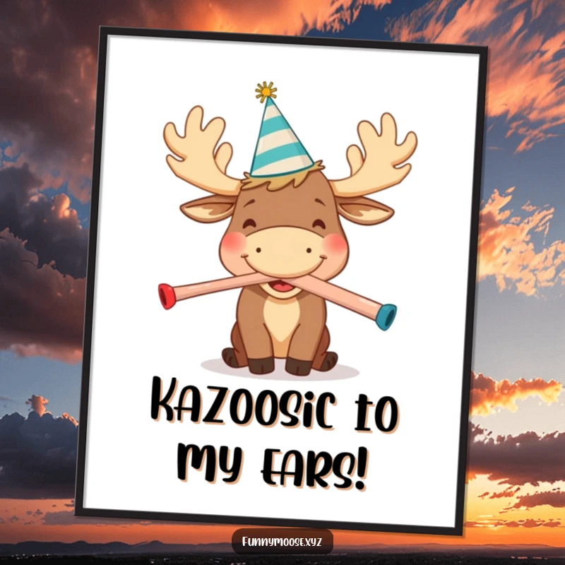 Funny Free Printable Wall Art of a happy cartoon moose wearing a party hat and joyfully blowing a kazoo loudly.